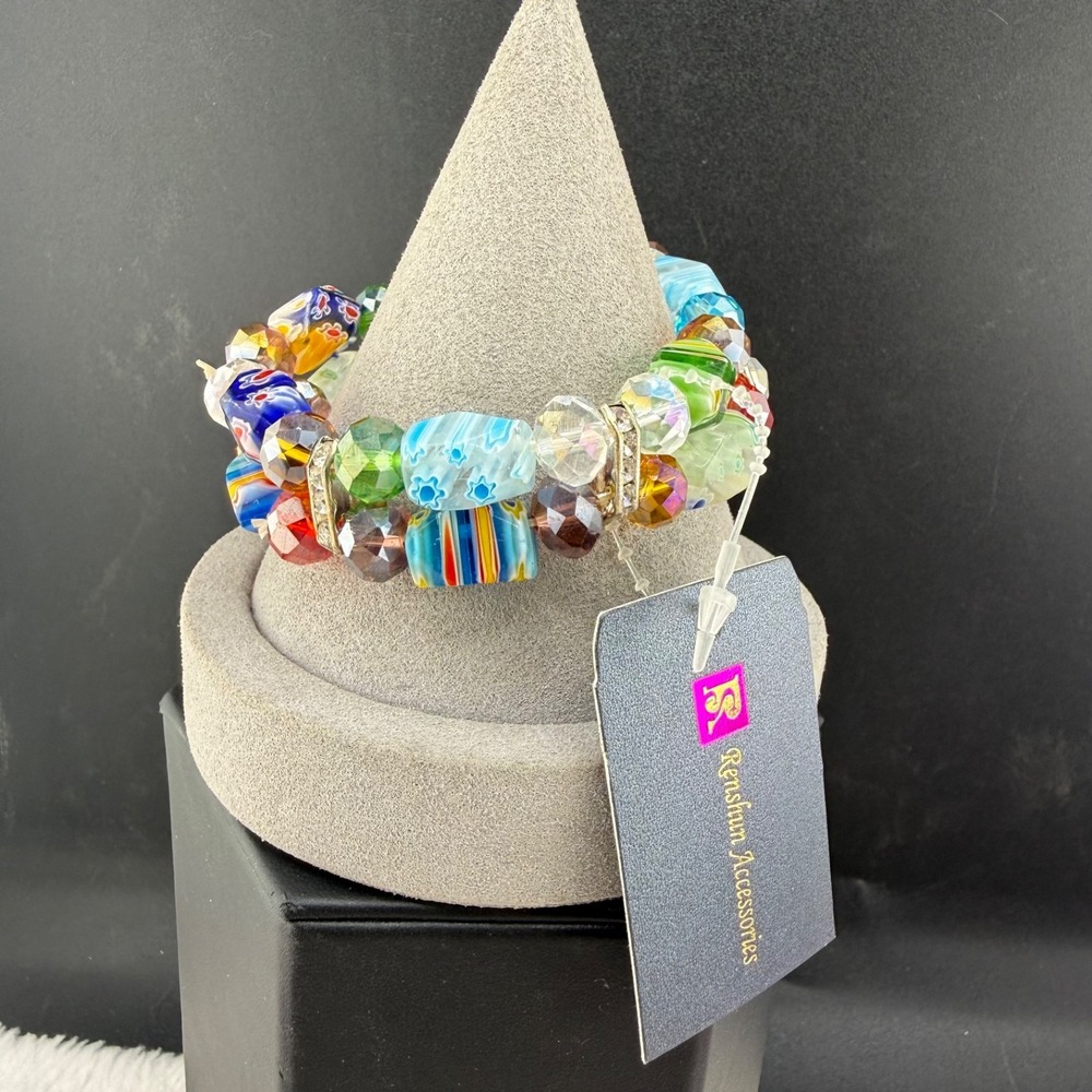 Renshun Accessories Bracelet Multicolor Beaded Art Glass Stretch 6in